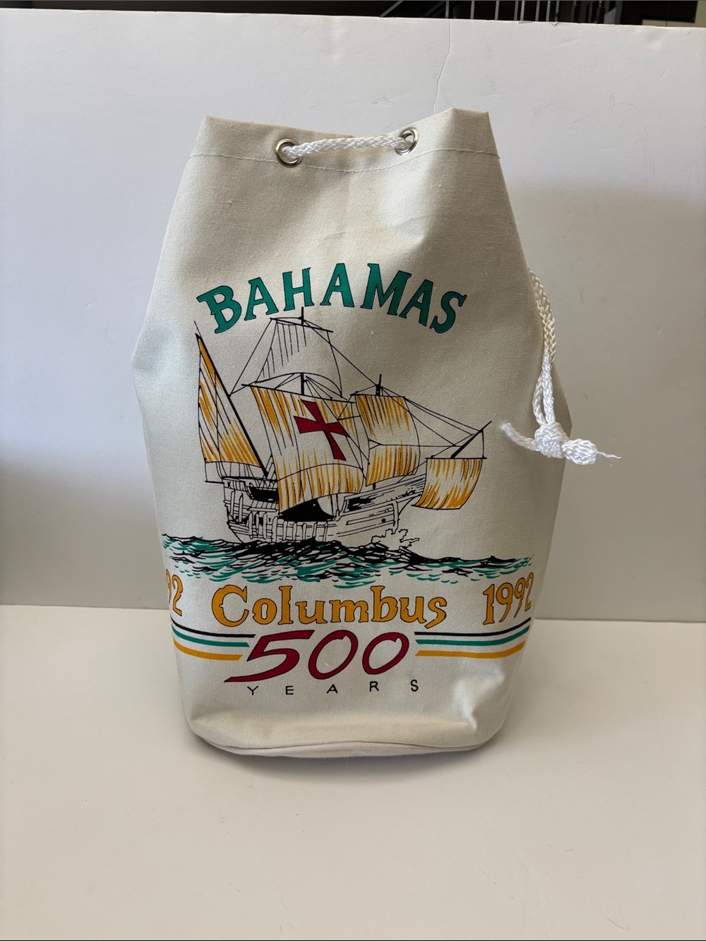 Vintage Cream Bahamas Canvas Drawstring Duffel with Multicolor Print
